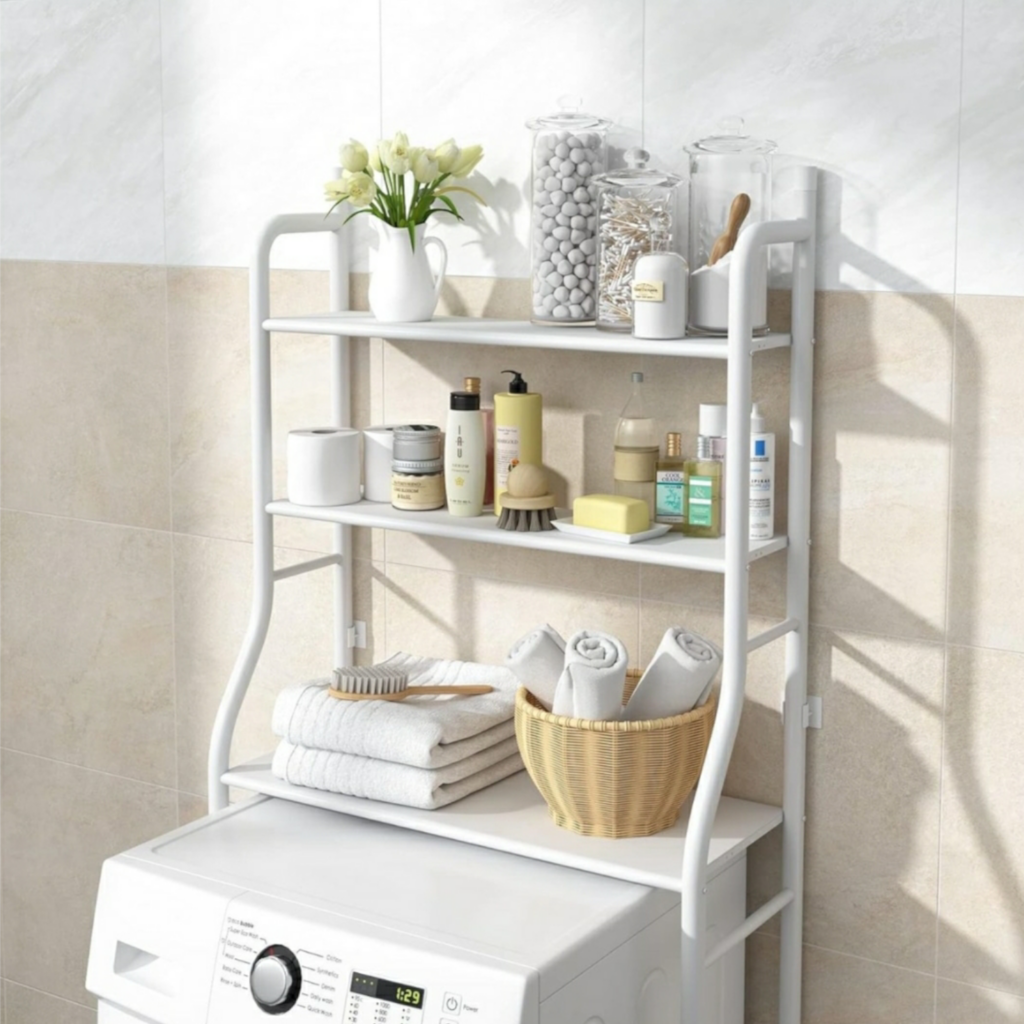 ⁦رف الحمام، وحدة تخزين فوق الغسالة - أبيض Étagère De Salle De Bain, Meuble De Rangement Au-Dessus Des Machine À Laver - Blanc⁩ - الصورة ⁦2⁩