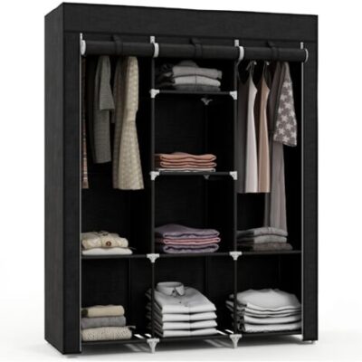 خزانة ملابس من القماش مع أرفف و غطاء قماشي أسود 88130